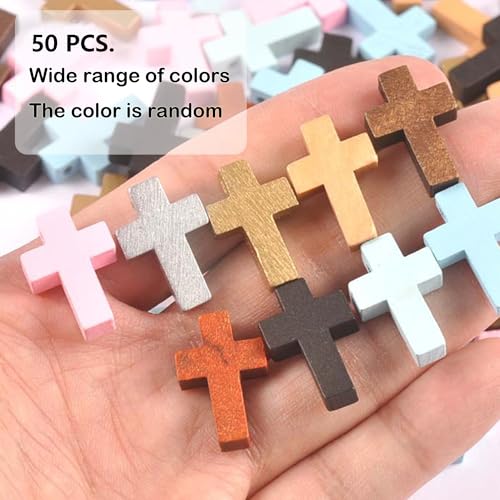 CHENNAN 50 Stück gemischte Farben Holz Kreuz Anhänger Holzkreuz Perlen Kleine Kreuz-AnhäNger Aus Holz Holzkreuz AnhäNger DIY Kreuz Charms Wandkreuz Für Sonntagsschule DIY Handwerk (Farbmischung)
