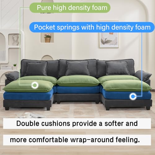 Image of Oprisen 120 inch Modular Sectional Sofa, Comfy Cloud Couch Sectional Sofa with Ottoman, Chenille Sofa Sleeper Deep Seat Sofa with Throw Pillows for Living Room (Blue Gray, 120 inch- U Shape)
