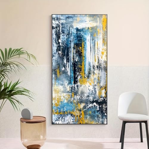 Cuadro abstracto moderno de gran tamaño visual con lienzo azul sin marco de 30x60