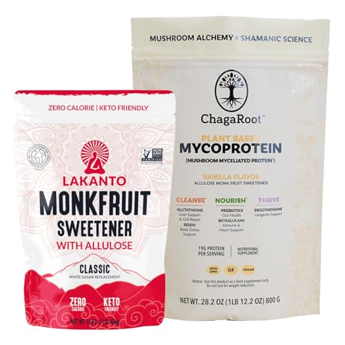 Lakanto Classic Monk Fruit Sweetener with Allulose 1 lb and ChagaRoot MycoProtein Mushroom Protein Powder Vanilla 1.76 lb