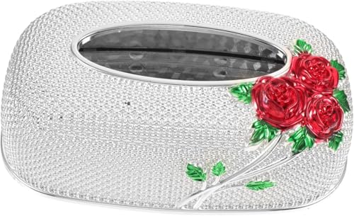 Image of Luxury Golden Tissue Box Cover with Red Rose Design Decorative Rhinestone Napkin Holder for Home Office Bathroom Car Elegant Gifting Idea for Weddings, Housewarmings (Silver)