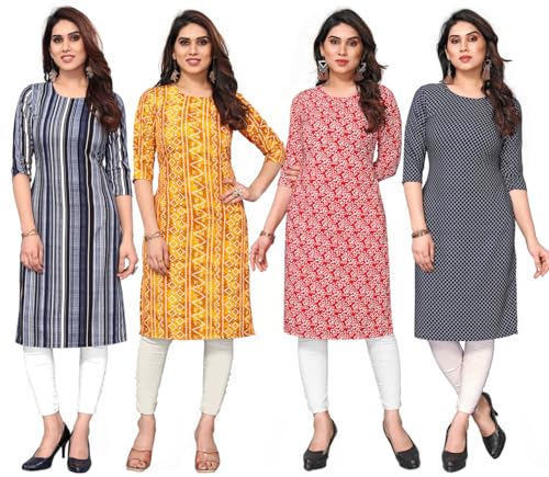 Image of JAKHANA Women's Crepe Printed Casual Straight Calf Length Round Nick Kurta Pack of 4