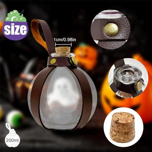 Ieron Halloween Dark Magic Cork Potion Bottle Round Spherical Clear Glass Bottle with 74" Medieval Knight Leather Belt for Costume Cosplay Props DIY Crafts and Decorative Bottles - Image 2