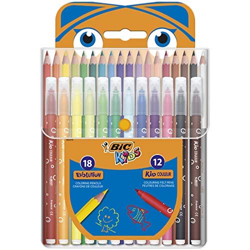 BIC Kids Colouring Set – Case of 30 Colouring Products – 18 Pencils and 12 Felt-Tip Colouring Pens in Convenient Plastic Case