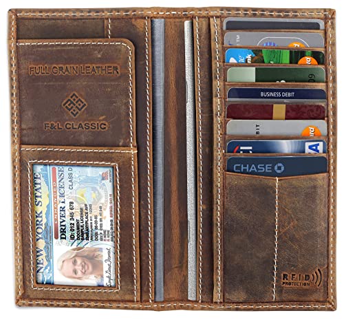 F&L CLASSIC Men's RFID Vintage Look Genuine Leather Long Bifold Wallet Checkbook Wallets,buffalo wax vintage leather,240 wax brown w/white stitching3