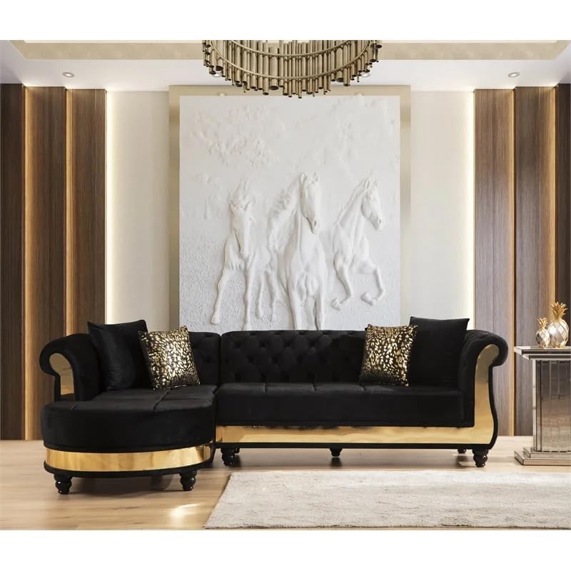 Image of Rosewood ! Modern Classic L Shape Sectional Sofa Set, Chesterfield Style 4 Seater Sofa Set with Pillows for Living Room, Bedroom and Office and Hallway Colour (Black Gold)