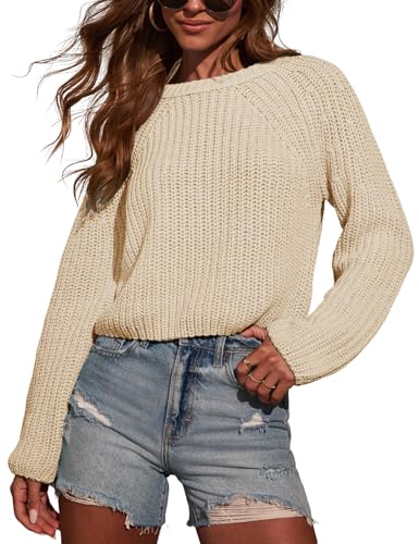 PRETTODAY Women's Crew Neck Knit Pullover Sweaters Raglan Long Sleeve Ribbed Knit Casual Cropped Tops