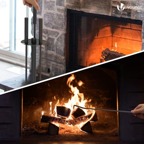 VOUNOT Kaminbesteck, 4-teilige Kamingarnitur Set mit Schaufel, Besen, Schürhaken & Halter, Schmiedeeisen Kaminwerkzeug Kaminzubehör Ofenbesteck, Schwarz