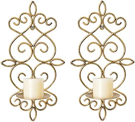Wall Sconce, Antique Gold Metal Wall Candle Holders, Set of 2 Scroll Wall Sconce Candle Holders for Living Room, Dining Room and Office (Antique Gold)