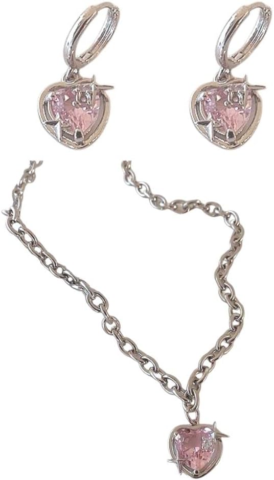 Fuqimanman2020Y2K Star Heart Necklace Earrings Crystal Aesthetic Pendant Necklace Statement Exquisite Pink Heart Jewelry Set for Women Girls