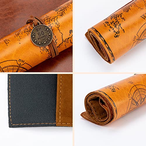 Motzu Pu Leather Rollup Pen Bag, Vintage Creative Map Pencil Case, Smooth Cover Storage Pouch Holder Organizer, Art Makeup Cosmetic Pouch, Soft Wrap Bag Stationery Gift, Brown B #TOP7