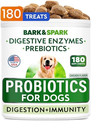 Bark&Spark Dog Probiotics & Digestive Enzymes (Gut Health) Allergy & Itchy Skin – Pet Diarrhea Gas Treatment Upset Stomach Relief, Digestion Health Prebiotic Supplement Tummy Treat (180Ct Chicken)