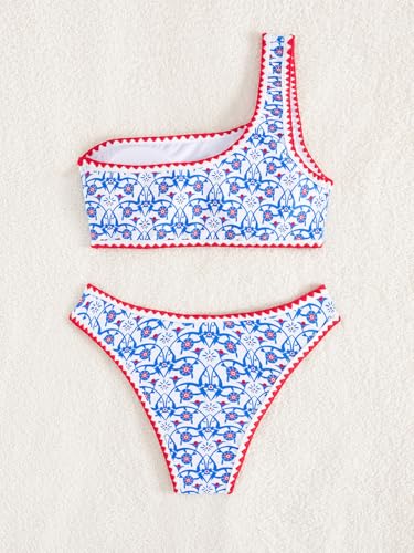 Image of YIMISAN Women's Ribbed Bikini Sets One Shoulder Top with Mid Waist Two Piece Bathing Suit