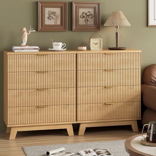 Image of Xixini Fluted Nightstand, 31.5 inch Wide Side Table with 4 Large Storage Drawers, Mid Century Modern Wood Night Stand with Metal Handle, Wooden Bedside End Table for Bedroom, Natural Oak