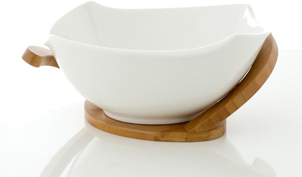 Porte-serviettes Brandani En Porcelaine Avec Base Bambou - Modèle "Fata", Couleur Beige, Idéal Cadeau