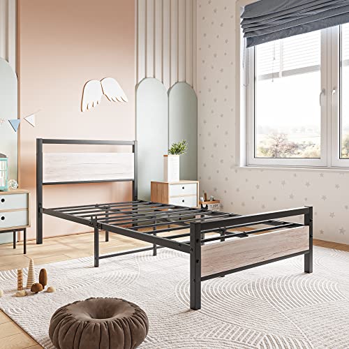 Bofeng Metal Bed Frame Twin Size With Vintage Wood Headboard And Footboard,Heavy Duty Metal Platform Bed Frames No Box Spring Needed,Mattress Foundation Firm Steel Slat Support(Natural Oak) #TOP3