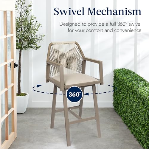 Best Choice Products Outdoor Bar Stools Set of 2, Bar Height, 360° Swivel Aluminum Frame, All-Weather Woven Rope Chair Design w/Armrests - Taupe/Sandstorm - Image 4