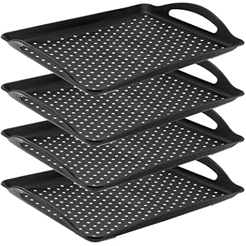MUKLEI 4 Pack Non Slip Food Serving Tray with Handles, 16.5x11.4x1.57 Inch Rectangle Plastic Food Serving Tray Black Anti Slip Food Tray for Appetizer, Fruit, Dessert, Party, Breakfast Cover