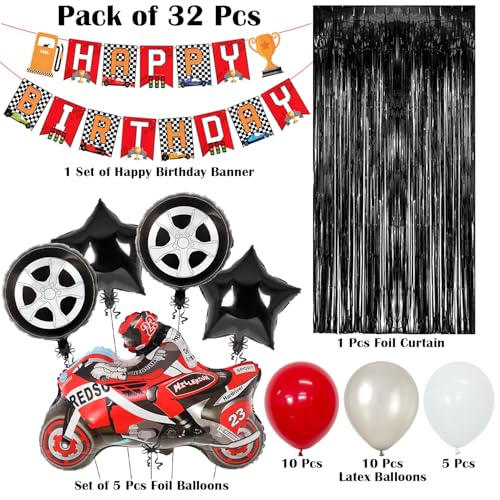 Image of Rozi Decoration Race Bike Theme Birthday Decoration Kit with Happy Birthday Banner, Foil Curtain, Bike & Wheel Foil Balloons and Red White Silver Latex Balloons for Kids Birthday Party (Pack of 32)