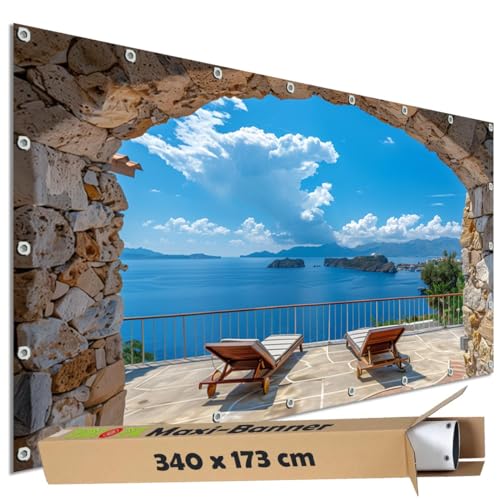 TRIOSK Große Motivplane Sichtschutz Zaunblende mit Motiv Balkon Liegestühle Meer