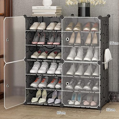Image of Zemic DIY Portable Shoe Rack for Home Plastic Shelves Household, Shelf Shoe Rack with Dustproof Door for Heels /Slippers /Boots for Entryway or Bedroom (Black, 12-Shelf-4-Door)