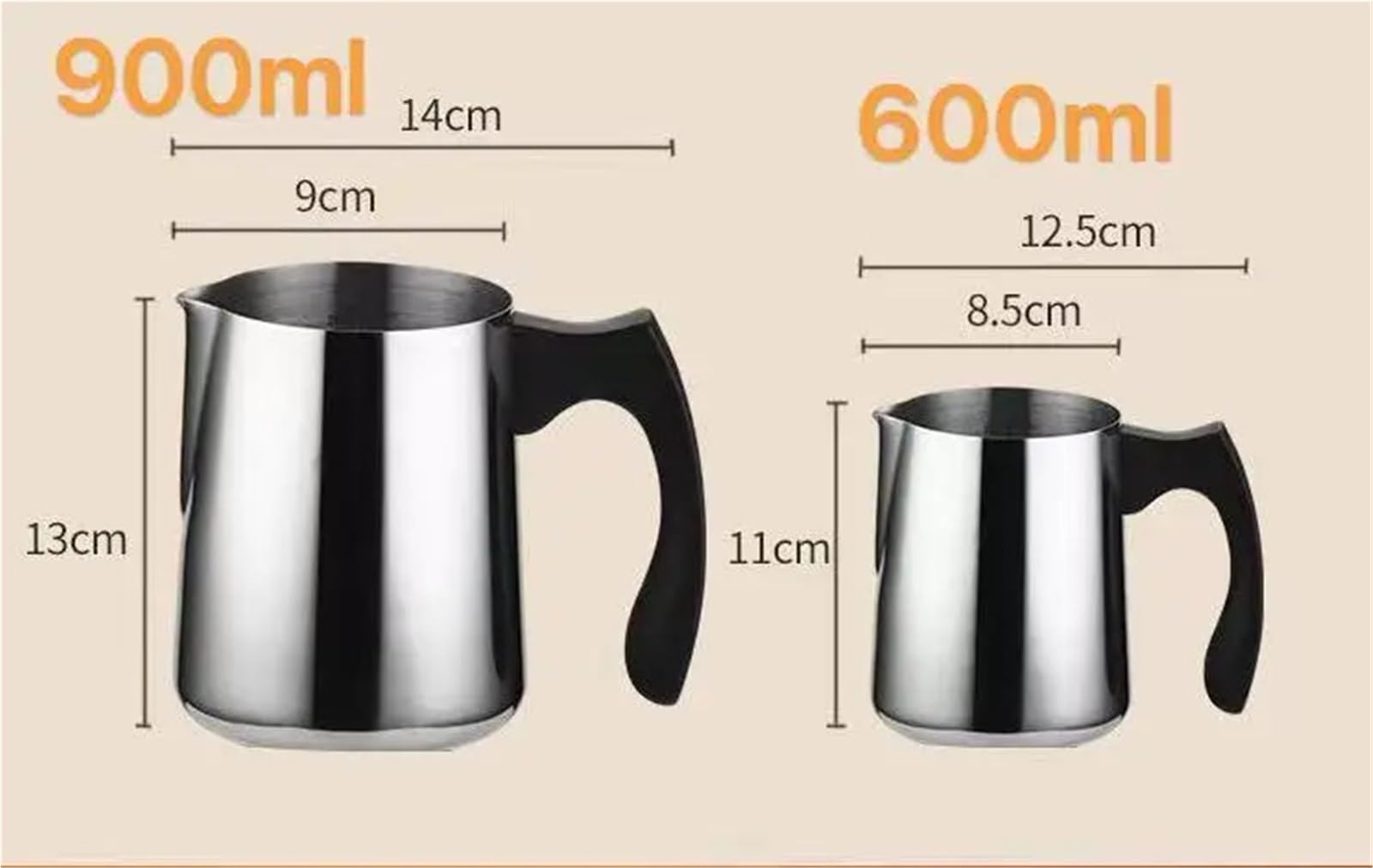 Taza de cera con mango for espuma leche, acero inoxidable, 600/900ml, Espresso artesanal, taza for crema, café en casa, 2 uds Para Espumar(900ml)