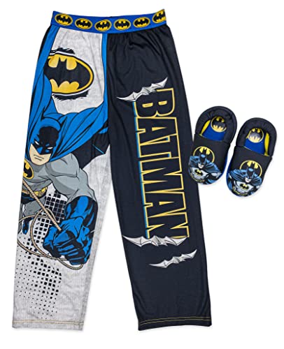 BATMAN Boy’s Lounge Pant Cozeez with Matching Slippers Sizes 4/5, 6/7, 8, 10/12, Black/Blue (Black Blue, 10-12)
