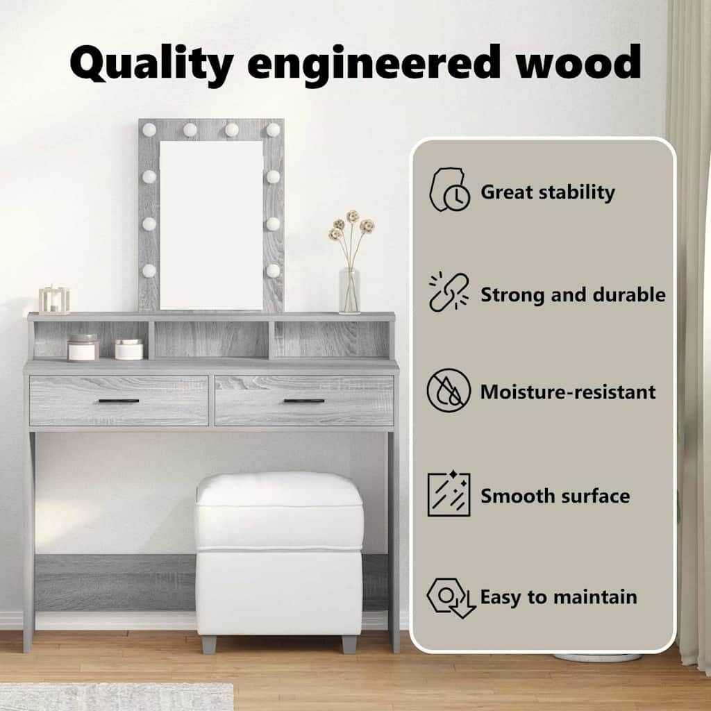 vidaXL Schminktisch Grau 100 x 41 x 140 cm Holzwerkstoff | Der moderne grau sonoma Look passt in jeden Raum, Hollywood-Lichter für perfektes Makeup,