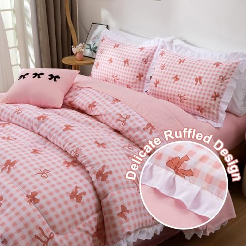 Image of A Nice Night Bow Comforter Set,6 Piece Bed in a Bag with Comforter & Sheet Set,Chic Grid Bowknot Bedding Sets,Princess Themed Bed Sets for Kids Girls,Twin