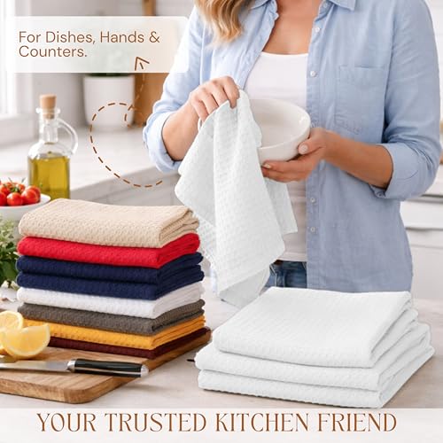 Image of White Waffle Kitchen Towels Set of 4-100% Cotton, Super Absorbent, Soft, Quick Drying, 16x26 Inches, with Hanging Loop, Perfect for Dish Drying, Cleaning, Bar & Everyday Use