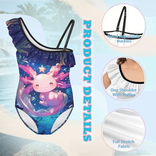 Image of WELLFLYHOM Axolotl Girls One Piece Swimsuits 3-14 Ruffle One Shoulder Bathing Suits Full Coverage Beachwear
