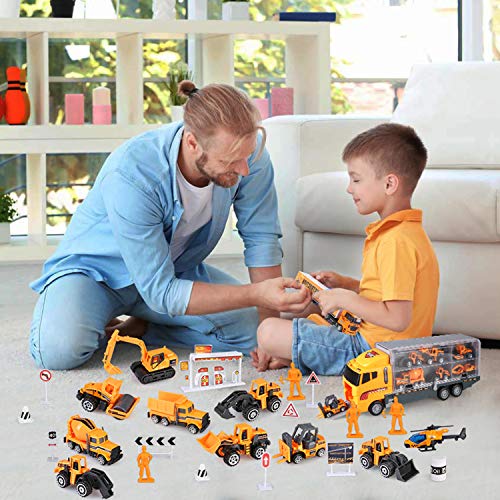 BeebeeRun 27 in 1 Engineering Construction Truck Car Toy Set, Alloy Transport Truck with Workers and Road Signs, Play Vehicles in Carrier Gifts for 3+ Kids Boys and Girls