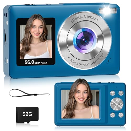 Digital Camera, 56MP Dual Screen Autofocus Vlogging Camera, 16X Zoom Point and Shoot Camera for Photography, Anti-Shake, 32GB Card, Compact Camera for Teens Adults,Blue