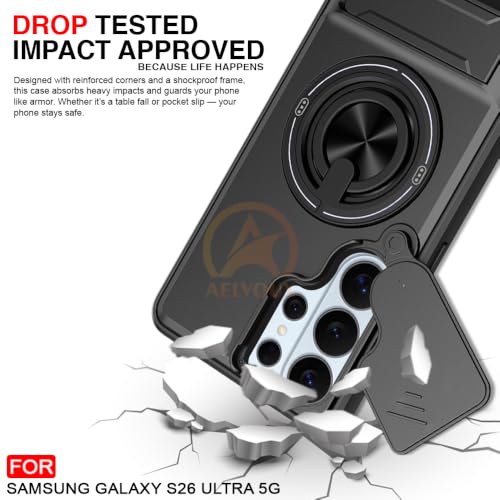 Image of Samsung Galaxy S26 Ultra 5G Back Cover | Armor Camera Slider 360 Degree Rotating Finger Ring Holder Case with Bracket Stand Back Case Cover (Compatible with MagSafe Accessories) (Black)