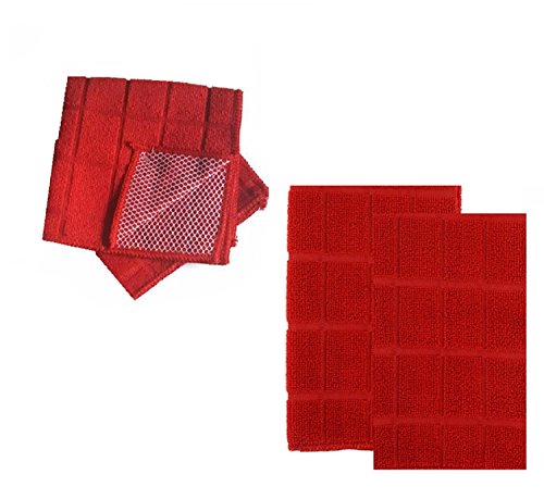 Kitchen Linen Dish Cloth and Hand Drying Towel 4 Piece Set (Red)