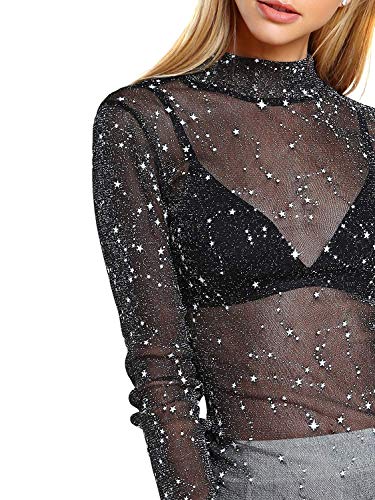 Floerns Women's Star Mesh See Through Mock Neck Long Sleeve Tops Tee T-Shirt A Black M