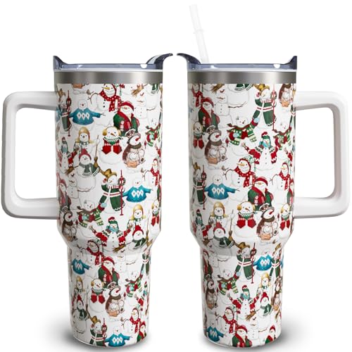 owbgsdh 40 oz Christmas Tumblers with Handle and Straw, Vintage Snowman 40oz Stainless Steel Vacuum Insulated Travel Coffee Mug Cup Water Bottle, Christmas Decor Stuff Accessories Gifts for Women