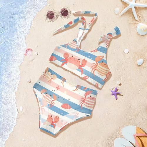 KLL Striped Pattern Cute Watercolor Crabs Girls' 2 Piece Bikini Set Quick-Dry Swimsuit Swimwear Adjustable Strap 5