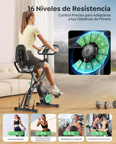 Miniatura 4 de Toputure Bicicleta Estática Plegable 5 en 1 con Respaldo, 16 Niveles y APP