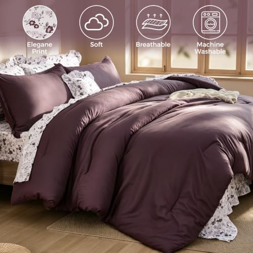 Image of WONGS BEDDING 8PC Queen Comforter Set, Ruffle Comforter with Floral Sheets
