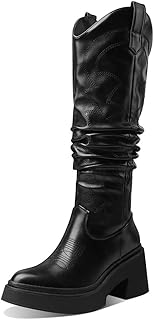 Mid Calf Cowgirl Boots for Women Chunky Platform Embroidery Cowboy Boots Pull on Mid Calf Western Boots
