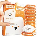 Impossibly Compact Travel Wipes - 99.5% Water - Safe for Sensitive Skin & Hypoallergenic, Resealable, Thick & Durable - For Adults, Kids & Baby Care - Unscented, 20 Pack Total 120 Wipes