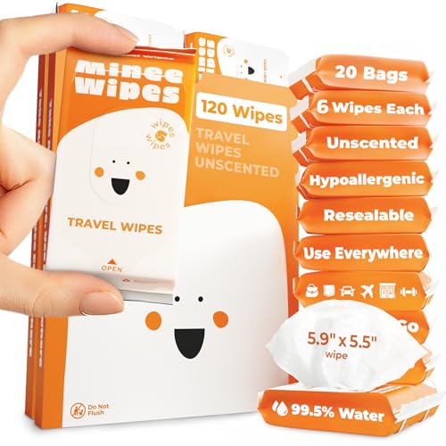 Impossibly Compact Travel Wipes - 99.5% Water - Safe for Sensitive Skin & Hypoallergenic, Resealable, Thick & Durable - For Adults, Kids & Baby Care - Unscented, 20 Pack Total 120 Wipes