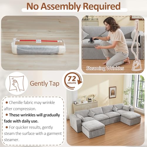 Image of 146''Cloud Boneless Sectional Couch, Modular Sectional Sofa Deep Seat with 2 Ottomans, Oversized Upholstered Convertible Comfy 6 Seater Chenille Sofa U Shape Couches for Living Room, Light Grey