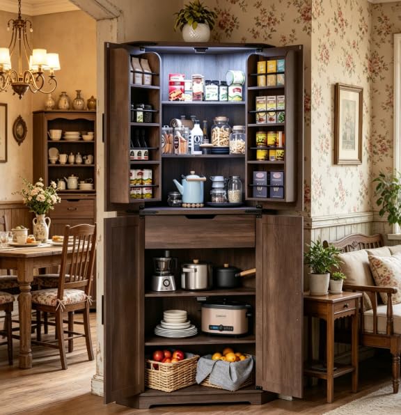 Image of Dripex 71 Inch Farmhouse Tall Corner Storage Cabinet, Freestanding Pantry Cabinet with LED Light, Closed Doors & Adjustable Shelves, Multifunctional Food Organizer for Kitchen Dining Living Room