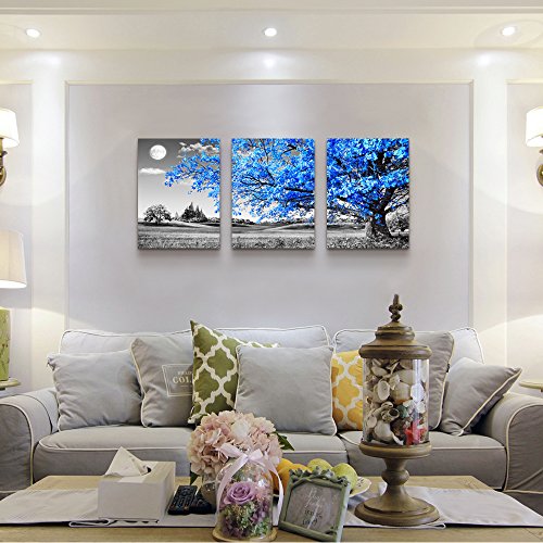 Image of Wall Art For Living Room Black And White Blue Tree Moon Canvas Wall Decor For Home Artwork Huge Painting 20 inch X 28 inch 3 Pieces Canvas Print For Bedroom Decor Modern Salon Kitchen Office Hang A Picture