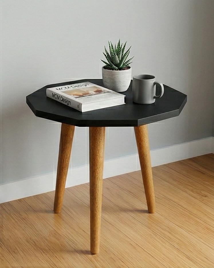 Image of Furniture Cafe Octagon Accent Side Table - Modern Geometric End Table with Solid Wood Legs for Living Room, Bedroom, Balcony & Office (White Top)