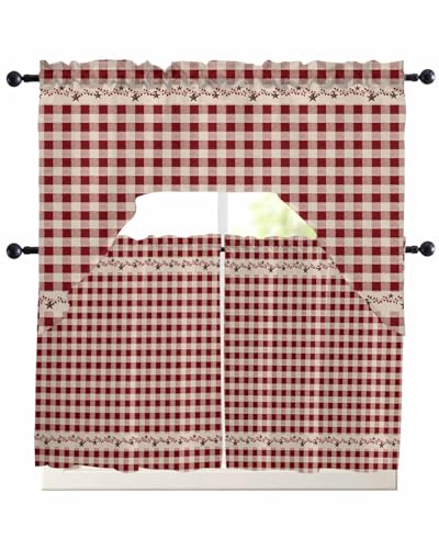 Country Star Plaid Swag Kitchen Curtains Valance and Tier Set 36 Inch Length, Retro Red American Farm Barn Berry Rod Pocket Swag Curtains for Living Room Bedroom Bathroom Window Drapes 3 Piece