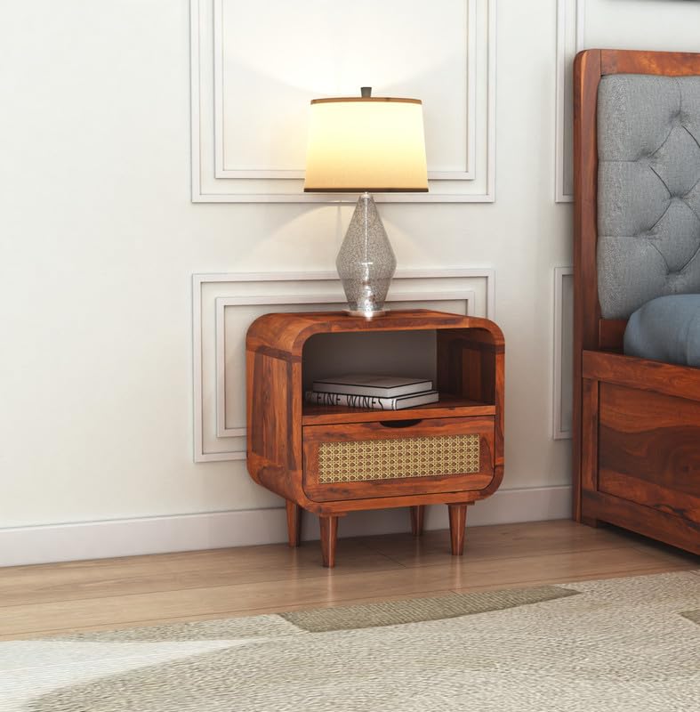 GHROYAL Sheesham Wood Bedside Table with 1 Rattan Cane Drawer and Shelf Storage Nightstand | Multipurpose Wooden Sofa Side End Table Furniture for Bedroom, Living Room, Home and Hotel (Honey Finish)-image-49