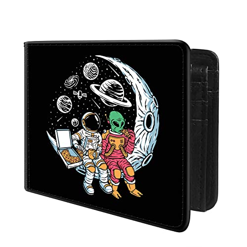 (Astronauts and Aliens Chill together on the Moon Front Pocket Slim Bifold Leather Wallet RFID Blocking with ID Window for Men